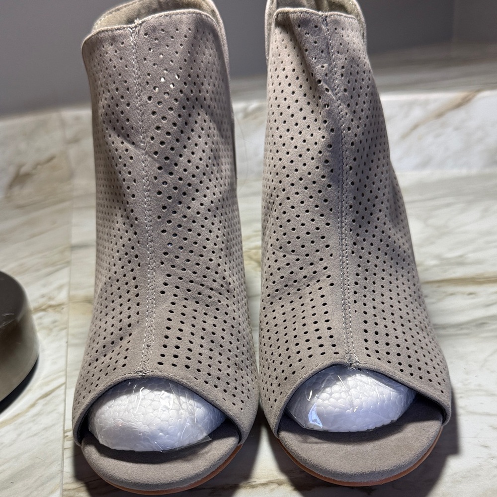 Perforated Peep-Toe Ankle Boots - Taupe